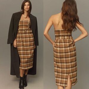 NWT Anthropologie Strapless Belted Wool Midi Dress Brown